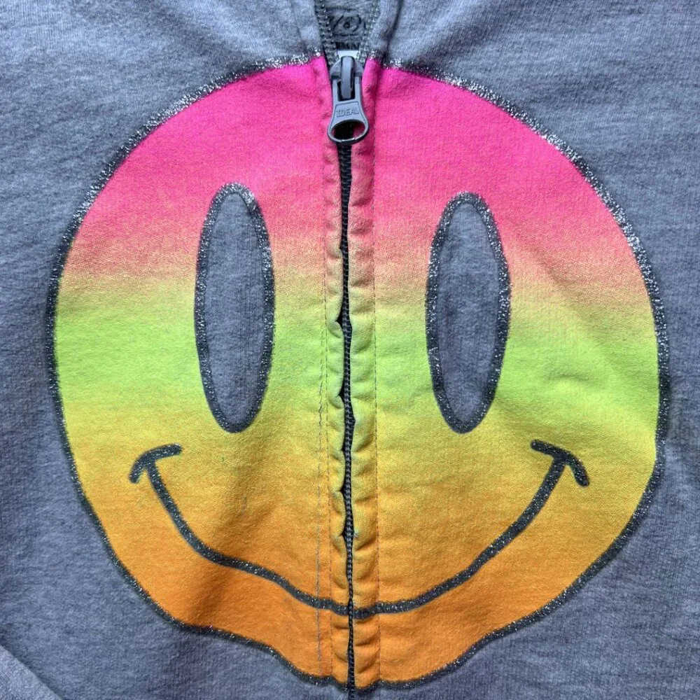 SO Smiley Face Zip Up Hoodie Grey‎ Neon Ombre Preppy Kidcore